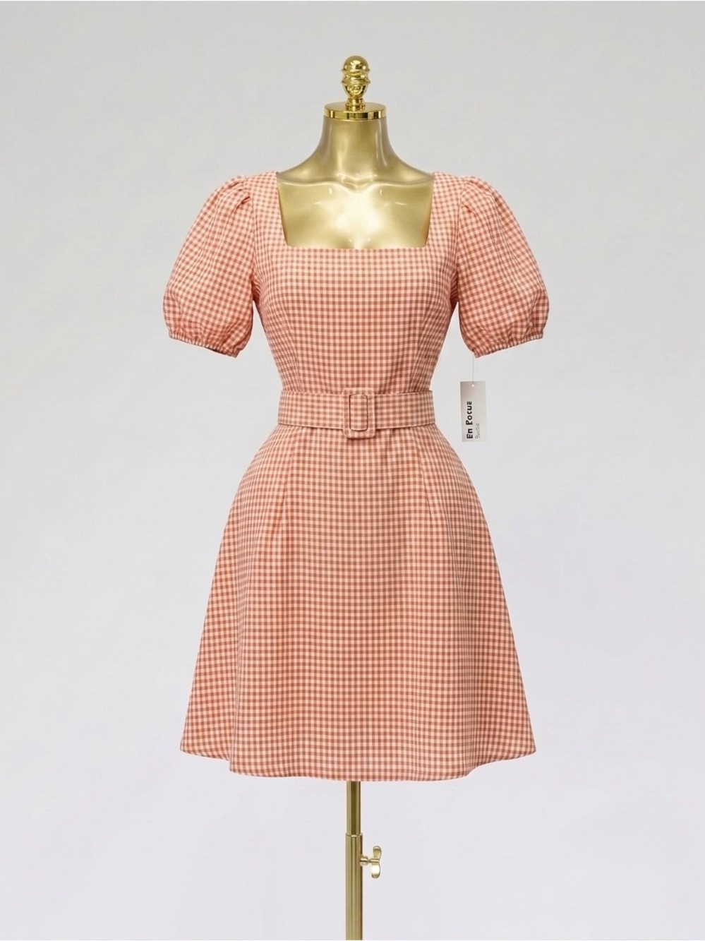 Enfocus Studio Peach Gingham Square-Neck Mini Dress